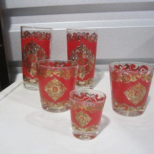 VTG SET OF 5 BAR GLASSES, ORNATE RED & GOLD DESIGN